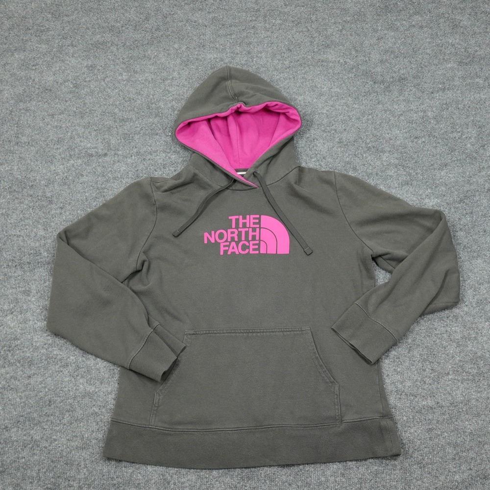 The North Face Hoodie Womens Large Gray Pink Logo Pullover‎ Fleece Sweatshirt